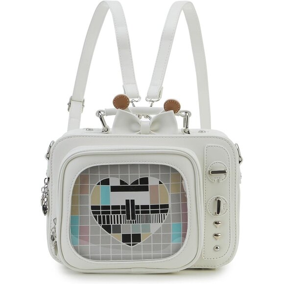 Retro TV Shaped Ita Backpack with Pin Display and Inserts White Crossbody Purse - Picture 1 of 9